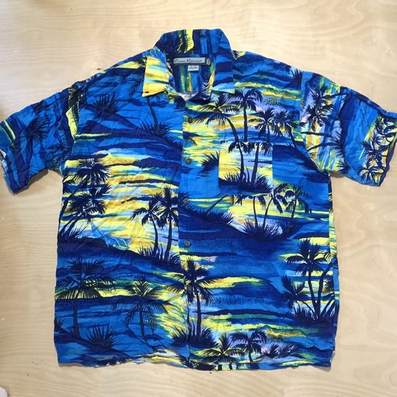 Ocean Current Men’s Hawaiian Shirt Blue & Yellow Size L Palm Tree Print - Picture 5 of 7